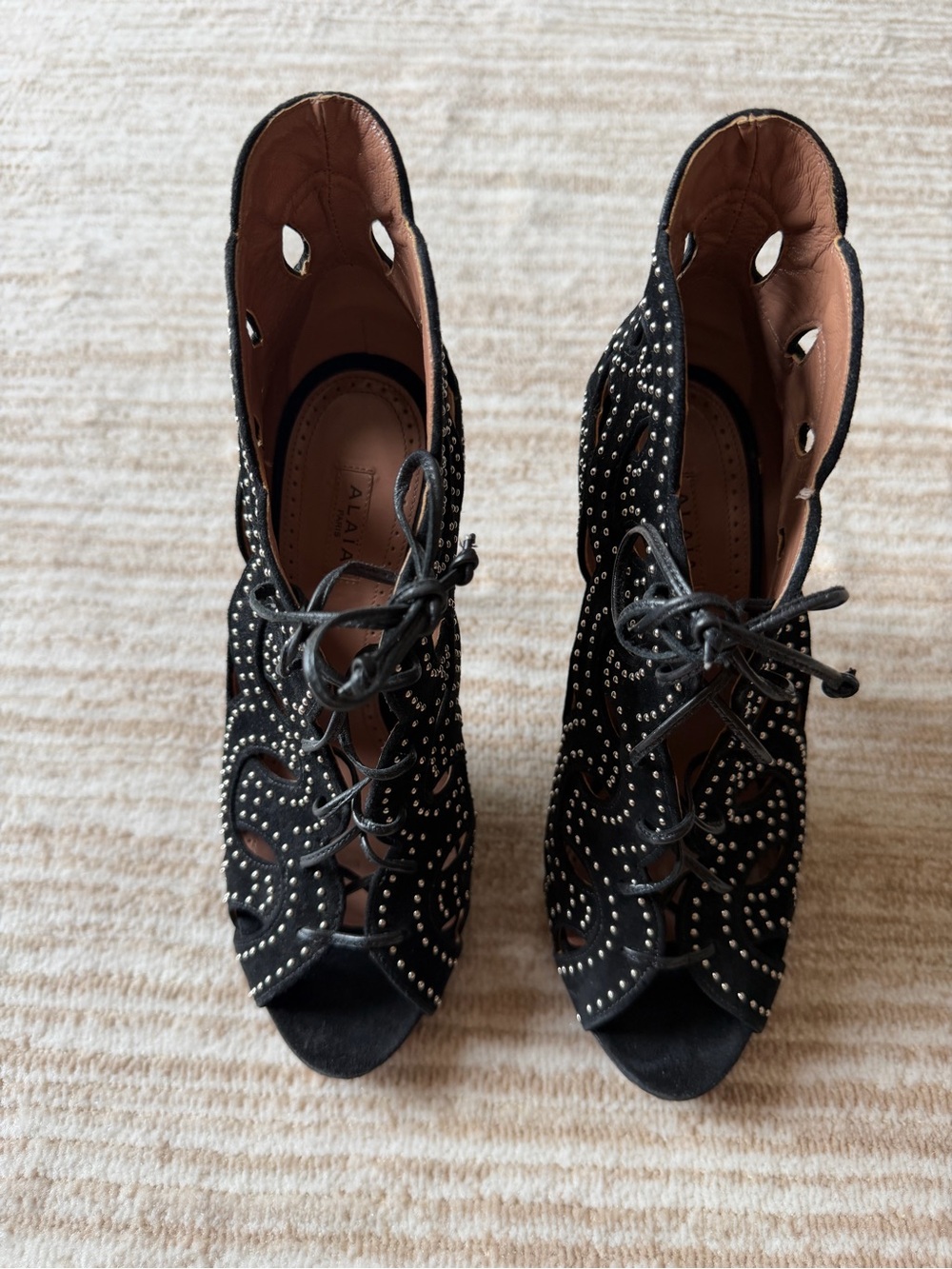 ALAIA Black Studded Lace-Up Peep Toe Boots. Size 38